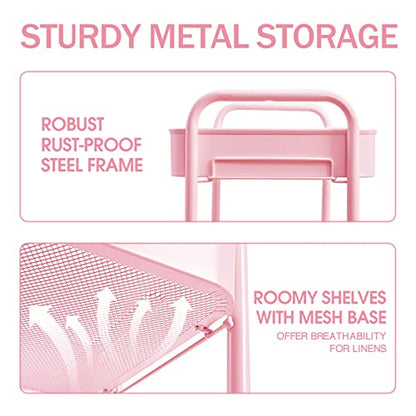 TOOLF 3 Tier Metal Rolling Cart, Utility Storage Cart with Wheels, Pink - color: Pink, size: 3-Tier