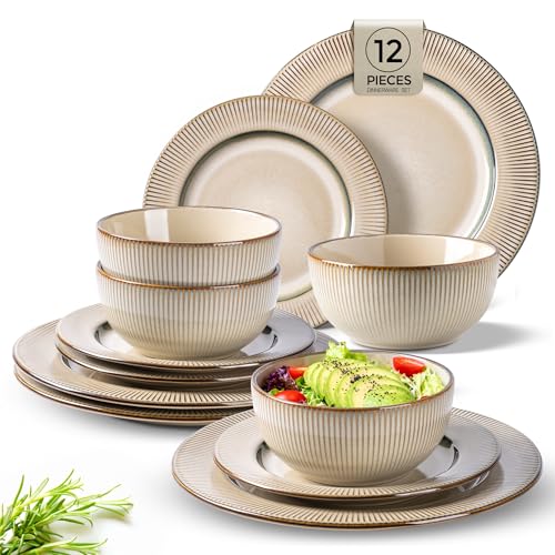 GBHOME Ceramic Dinnerware Sets of 4,12 pcs Plates and Bowls Sets Dishes - color: Pale Khaki, size: Service for 4 (12 pcs)