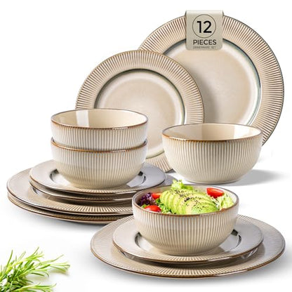 GBHOME Ceramic Dinnerware Sets of 4,12 pcs Plates and Bowls Sets Dishes - color: Pale Khaki, size: Service for 4 (12 pcs)
