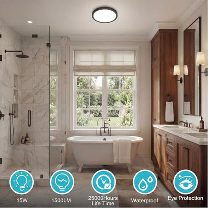 libtit 7 inch Flush Mount LED Ceiling Light Fixture, 3000K-6500K Adjustable, 15W 1500lm Black Satin Round Ceiling Lamp for Bathroom Hallway Kitchen Bedroom, 2 Pack - color: Black, size: 7in-2Pack