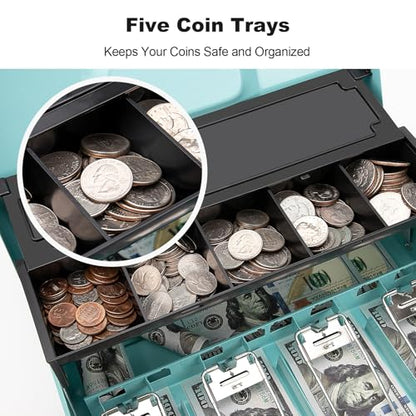 Cash Box with Key Lock & Auto-Pop Coin Tray – Secure Steel Money Box with 4 Upgraded Finger-Safe Bill Clips, Premium Smooth Scratch-Resistant Coating, 11.8"L x 9.5"W x 3.5"H, KL Teal - color: KL Teal