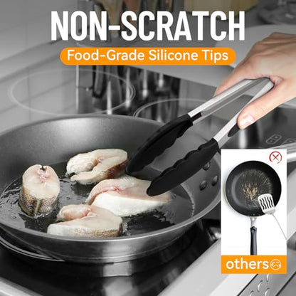 HOTEC Stainless Steel Kitchen Tongs with Silicone Tips, Set of 3-7",9" &12" - color: Black:12+9+7inch