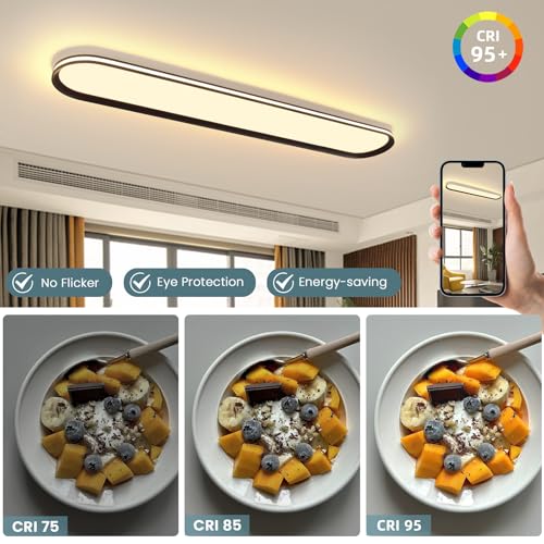 ADISUN Modern LED Ceiling Light Dimmable Linear Ceiling Light 39.4in Semi Flush Mount Long Lights with Remote Control and Side Lighting for Living Room Kitchen Dining Room (65W) - color: Black-1Pack, size: 39 Inch