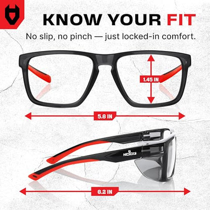NoCry ANSI Z87.1 Clear Safety Glasses with Side Shields — Durable Anti Fog & Scratch Resistant Eye Protection Glasses or Men & Women — ANSI Z87 Rated Protective Eyewear with 100% UV Shielding for Work - color: Black & Red