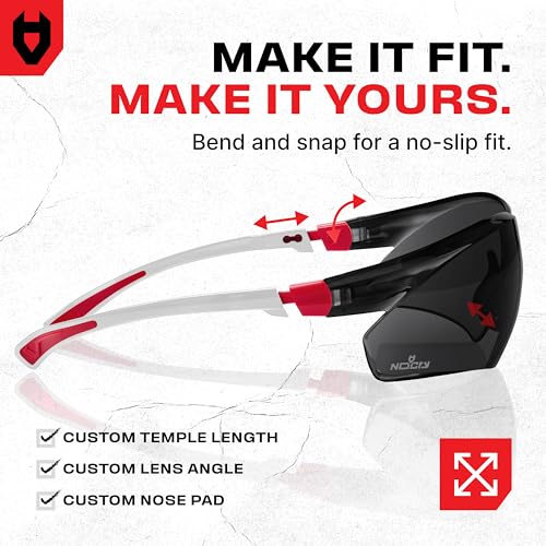 NoCry Safety Sunglasses with Green Tinted Wraparound Lenses; Tinted Safety Glasses for Men and Women with Adjustable Arms & No-Slip Grips; Work Glasses with UV 400 Protection; ANSI Z87.1 Rated - color: White & Red