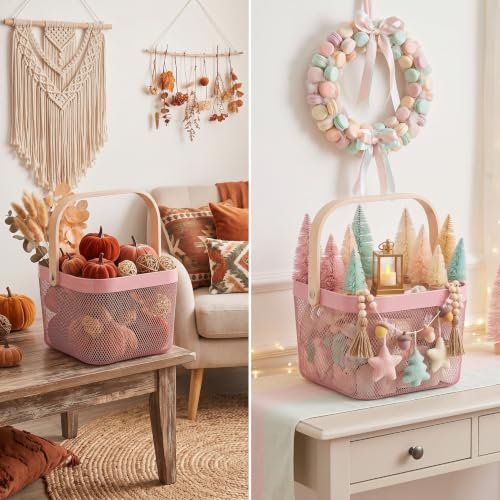 Roshtia 6 Pcs Metal Mesh Basket with Handle, Warm Garden Basket for Fall - color: Pink, size: 9.65 x 9.65 x 7.09 Inch