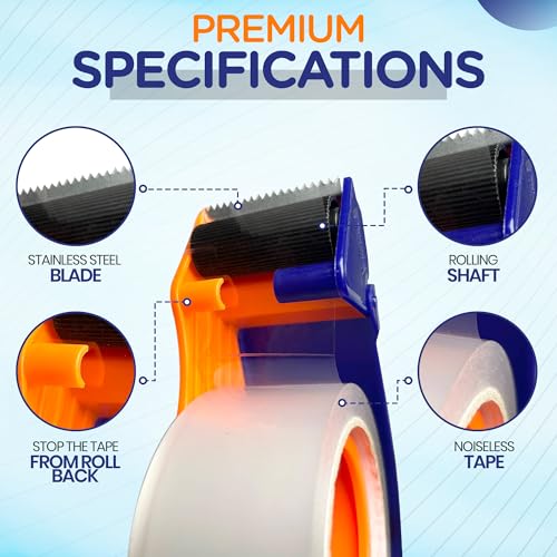 Packing Tape with Dispenser, Heavy-Duty Clear BOPP Shipping Tape with Dispenser, 48 mm x 66.6 yd, 4 Rolls + 2 Dispensers