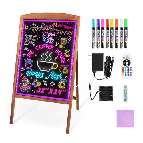 Hosim LED Message Writing Board 32"x24", Standing A-Frame Wooden Drawing Board Illuminated Erasable Neon Menu Sign, 8 Colors Markers & 16 Lighting Colors Flashing Chalkboard Restaurant Menu Board