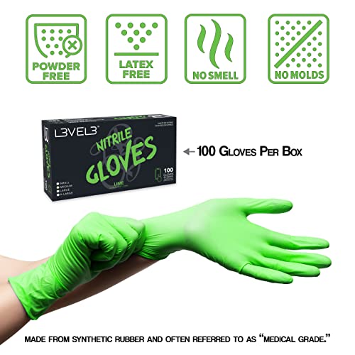 L3 Level 3 Nitrile Gloves - Professional Heavy Duty Disposable Gloves - Latex Free - Fits Snug - Box of 100 - color: Lime, size: Medium (Pack of 100)