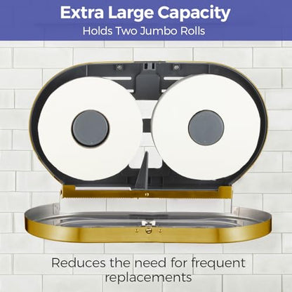 Stardrix Stainless Steel Twin Jumbo Toilet Paper Dispenser Wall Mount, 9" Commercial Double Roll Holder, Industrial Tissue Dispenser with Key Lock, Brushed Gold - color: Brushed Gold
