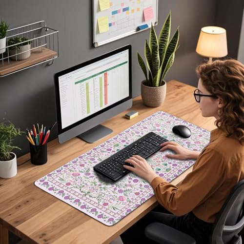 Purple Floral Desk Mat Large Mouse Pad 31.5"x15.7" Anti-Slip - color: Purple Floral