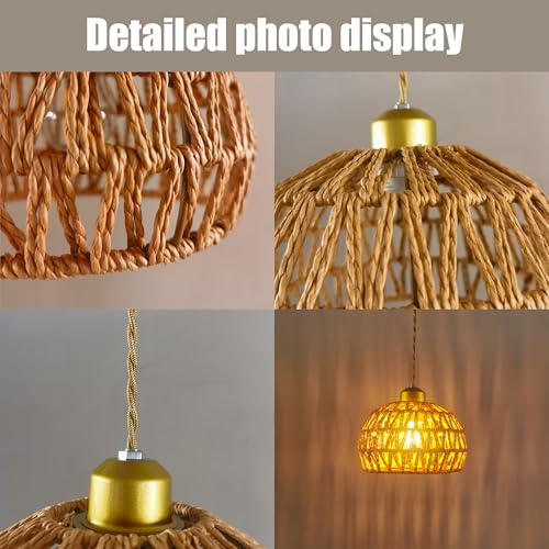 7.7" Dome Hemp Rope Pendant Light, E26 Gold Woven Adjustable Hanging Lamp - color: Basket Shape, size: 8 inch