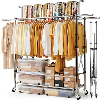 Foldable Heavy Duty Clothes Rack for Hanging Clothes, 71 Inch 3-Rods