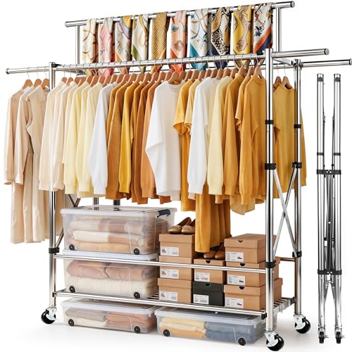Foldable Heavy Duty Clothes Rack for Hanging Clothes, 71 Inch 3-Rods