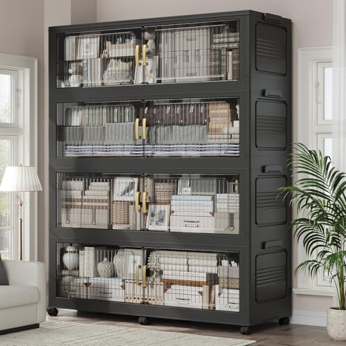 280Gal Extra Large Stackable Storage Bins with Lid, 1120QT Foldable Collapsible Storage Box with Doors and Wheels, Plastic Closet Organizers Container Drawer for Bedroom Kitchen Garage, 4Pack - color: Black, size: 70Gal-4Pack