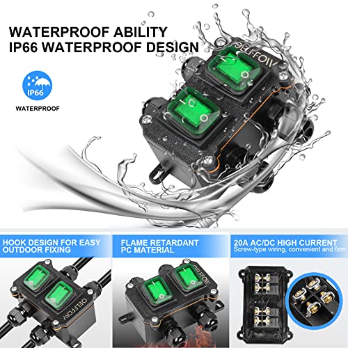 Waterproof On Off Toggle Switch Double Switch with Green Light Rocker Button Inline Cord Switch DPST AC/DC 20A-125V,16A-250V,30A-24V,35A-12V, IP66 4 Exit - color: Green/2 Switch/4 Outlet