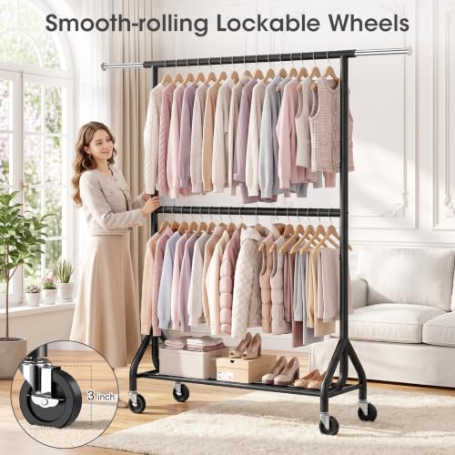 EAGMAK 622 LBS Double Rod Clothing Rack with Wheels Heavy Duty, Black - color: Black, size: 43.3"×18.9"×74.8"( Wheels)