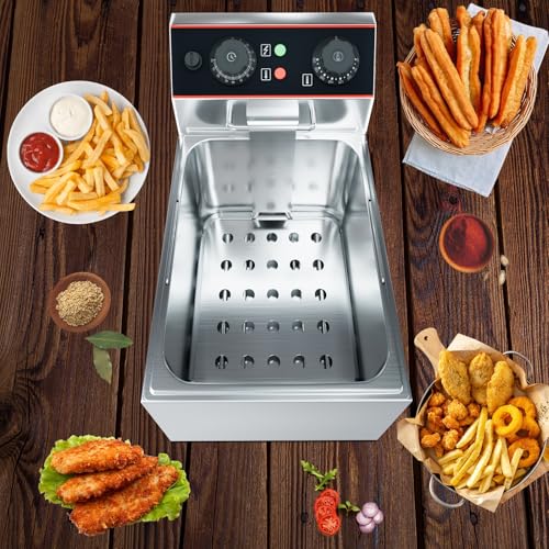 Commercial Deep Fryer with Basket, 12L Electricity Countertop Fryer Stainless Steel, 1800W Professional Food Fryer with Thermostat for Restaurant & Home, Large Capacity 12.7QT Oil Fryer, 120V - size: 6L single cylinder single screen