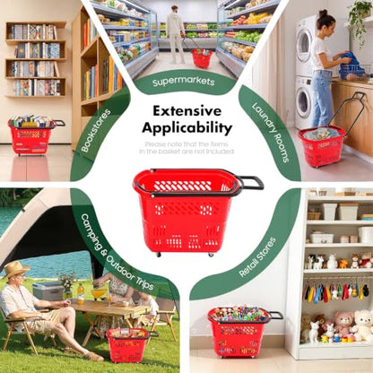 6PCS Shopping Basket 35L Portable Plastic Rolling Shopping Cart with Wheels - color: Red