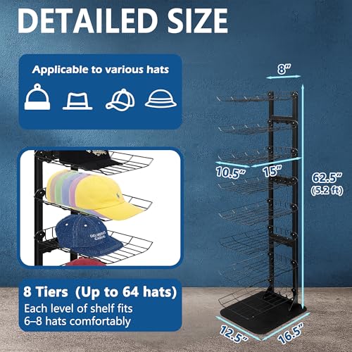 Hat Display 8 Tier, Hat Rack Stand Up to 70 Caps, Metal Hat Stands for Multiple Hats, Commercial Retail Hats Display, Upgrade Black - color: Black