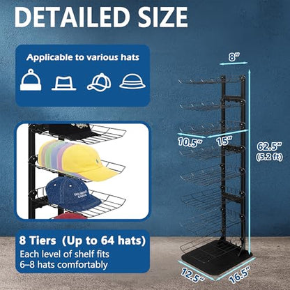 Hat Display 8 Tier, Hat Rack Stand Up to 70 Caps, Metal Hat Stands for Multiple Hats, Commercial Retail Hats Display, Upgrade Black - color: Black