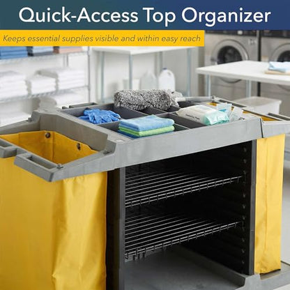 59” x 21” x 38” Commercial Hotel Cleaning Cart - Small Housekeeping Cart with Adjustable 3-Shelf Storage, 2 Vinyl Linen Bags, Top Supply Compartments, Vacuum Holder, Locking Casters - 132 lb Capacity
