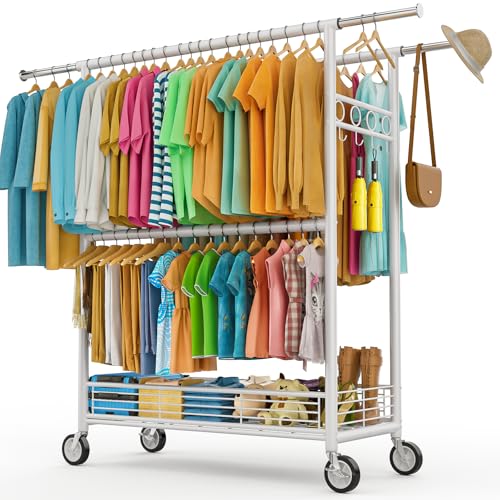Heavy Duty Clothes Rack Load 960LBS, Three Rods Rolling Clothing Racks for Hanging Clothes, Rolling Garment Rack With Sturdy Wheels Shelves Hooks, Portable & Adjustable Commercial Garment Rack, White - color: White, size: 20.0" x 60.6" x 69.0"(3 Rods)