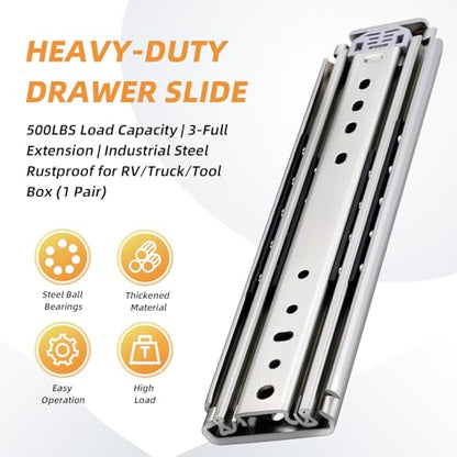 Heavy Duty Drawer Slides 12 14 16 18 20 22 24 26 28 30 32 34 36 40 44 48 52 56 60 Inch 500 Lbs Side Mount Full Extension Ball Bearing Rails Rail Tool Box Runner -W:76mm, 12 Inch - size: 12 Inch, style: Load:500 lb (No lock) -W:76mm