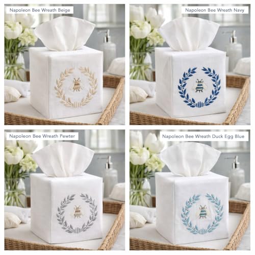 Jacaranda Living Square Tissue Box Cover, Linen/Cotton Fabric Tissue Holder, Decorative Cloth Tissue Cube Cover, Embroidered Bee Designs, Napoleon Bee Wreath (White) - color: Napoleon Bee Wreath (White)