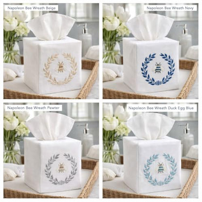 Jacaranda Living Square Tissue Box Cover, Linen/Cotton Fabric Tissue Holder, Decorative Cloth Tissue Cube Cover, Embroidered Bee Designs, Napoleon Bee Wreath (White) - color: Napoleon Bee Wreath (White)