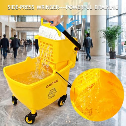 33 Qt Commercial Mop Bucket, with Side-Press Wringer and Cotton Mop