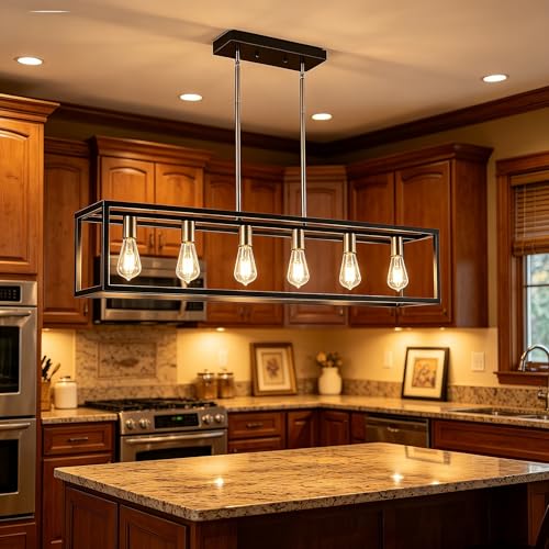 Rectangle Chandeliers Kitchen Light Fixtures Farmhouse Dining Room Light for Dining Rooms,Black&Brushed Brass Light Fixture Matte 6-Light Industrial Pendant Lighting - color: Black & Brushed Nickel, size: 6 Lights