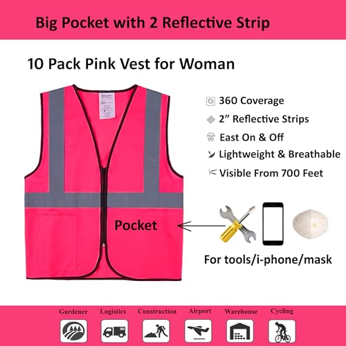 Pink Safety Vests 10 Pack - Reflective High Visibility Construction ANSI Class 2 Work Vests for Men,Woman with Zipper,Hi Vis Mesh and Neon Silver - color: Pink