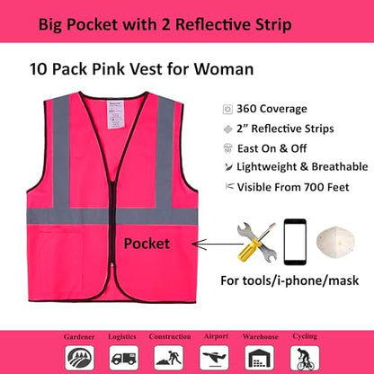 Pink Safety Vests 10 Pack - Reflective High Visibility Construction ANSI Class 2 Work Vests for Men,Woman with Zipper,Hi Vis Mesh and Neon Silver - color: Pink