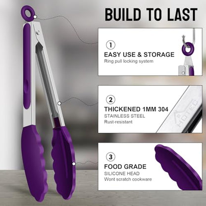 HOTEC Stainless Steel Kitchen Tongs with Silicone Tips, Set of 2-9" and 12" - color: Purple:12+9inch