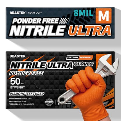 BEASTEK Nitrile Disposable Gloves, 8Mil Latex & Powder Free Chemical Resistant Heavy Duty Cooking Diamond Glove Orange 50 Pcs - color: Medium (Orange)