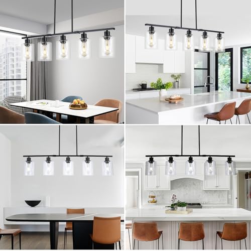 39.4" Kitchen Island Lighting, 5 Lights Clear Glass Pendant Light Fixtue, Black Linear Metal Chandelier for Dining&Living Room Foyer,Height Adjustable,E26 Socket - color: Black