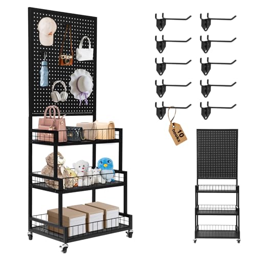 NectaCol Pegboard Panels, 3-Tiers Metal Pegboard Display Stand with Peg Board Panel, Standing Pegboard Display Rack, Craft Show Display, Art Display and Retail Display Stand with 10 Hooks - Black - color: Black