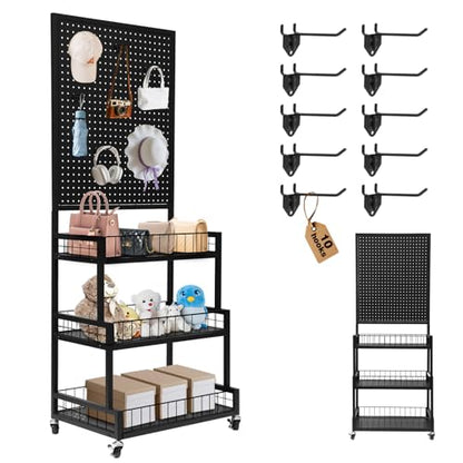 NectaCol Pegboard Panels, 3-Tiers Metal Pegboard Display Stand with Peg Board Panel, Standing Pegboard Display Rack, Craft Show Display, Art Display and Retail Display Stand with 10 Hooks - Black - color: Black