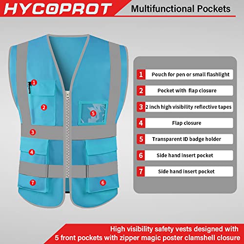HYCOPROT High Visibility Safety Reflective Vest with Pockets and Zipper, Meets ANSI/ISEA Standards - color: Sky Blue-knit, size: Small