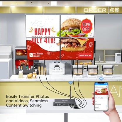 MT-VIKI Wireless Digital Signage Player - 4-Screen Video Controller with Rotation, Splitting & Scheduling for Restaurant Menu Boards‌, Bubble Tea Promotions