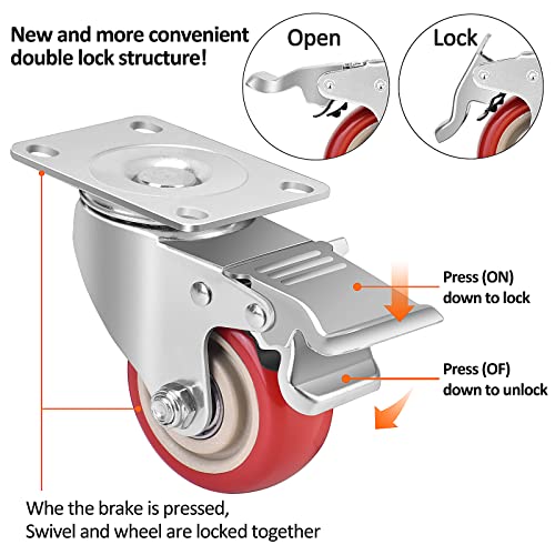 3 Inch Industrial Heavy Duty Swivel Caster Wheels with Brake,Set of 4 Safety Locking Casters,Load 1600lbs,Premium Polyurethane Wheels for Table,Trailer,Saw Table,Stage Toolbox,Bed,Corn Board - color: Red, size: 3inch