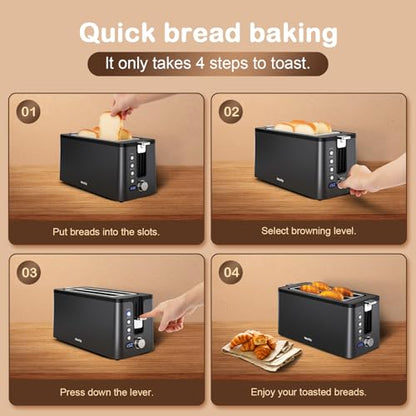 Mecity 4 Slice Toaster, Long Slot Toaster with Timer, Bagel, Defrost, Reheat, Cancel Functions, Warming Rack, Removable Tray, 6 Browning Settings, Extra Wide Slots, Stainless Steel, 1300W - size: 2 Long Slots
