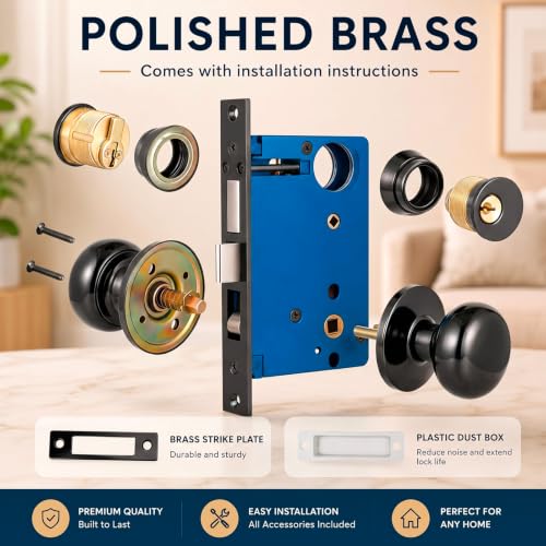 Tandefio 1 Set Double Cylinder Mortise Lock, Right Hand, Black - color: Black, style: Right Hand