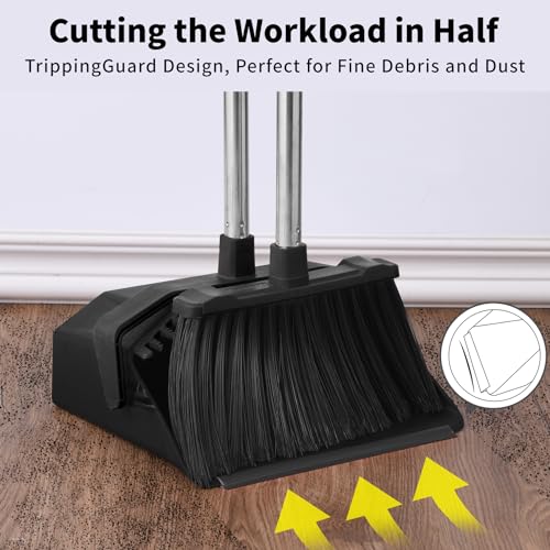 Tiumso 3-Pack Broom with Dustpan Combo Set, Commercial Broom and Dustpan Set, Dust Pan with Long Handle, 51'' Large Brooms with Self-Cleaning Dust Pan Teeth for Restaurant Lobby Garage - Black - color: Black