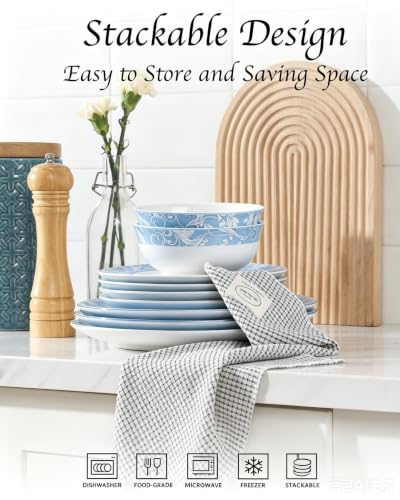 Bone China Dinnerware Set for 4, 12 Pcs White Plates and Bowls, Blue Rim - color: Light Blue