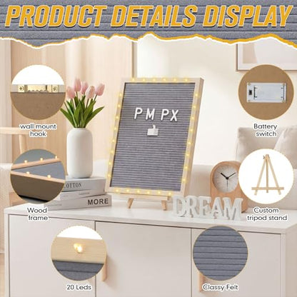 12 x 16 Inches Felt Letter Board & LED Light, Gray, Natural Wood - color: Gray, size: 12 x 16 Inches, style: Natural Wood
