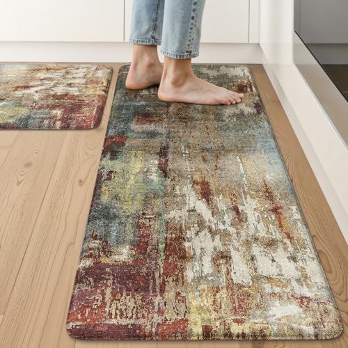 LEEVAN Anti Fatigue Kitchen Mats for Floor, Cushioned Kitchen Mat Set 2PCS - color: Multi Red, size: 20"x31"+20"x47"-0.47inch