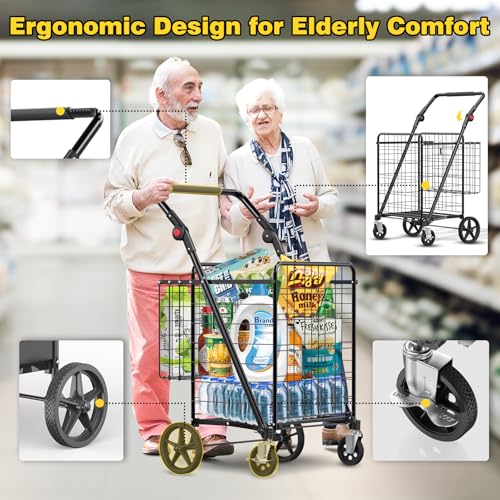 XINGLANG Heavy Duty Folding Shopping Cart – 5.0 Cu Ft, 480 lbs Capacity, Double Basket & Removable Waterproof Liner, 360° Swivel Wheels with Brakes, Adjustable & Rotating Handle for Laundry & Grocery - size: Extra Large