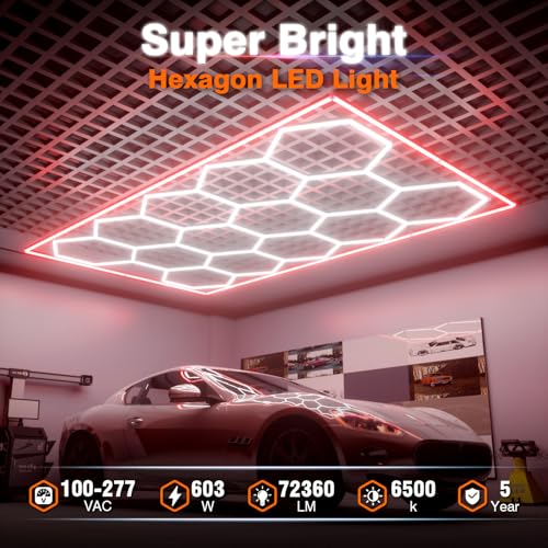 Hexagon Garage Lights, 14 Grids Hexagon LED Lights with Rectangle Frame, 603W 6500K Super Bright Honeycomb Light for Warehouse, Car Detailing Shop, Exhibition Hall, Gym(Red) - size: 14 HEX+Red Border